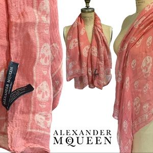 Alexander McQeen Silk Chiffon Skull Scarf Coral Lg